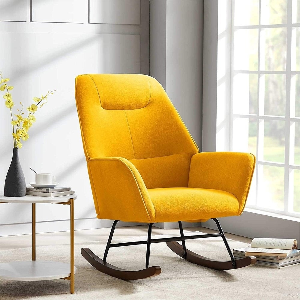 Beige Single Sofa Chair with Thick Padded Cushion and Pillow Linen Accent Chair Glider Rocker for Living Room OKAKOPA Living Room Rocking Chair